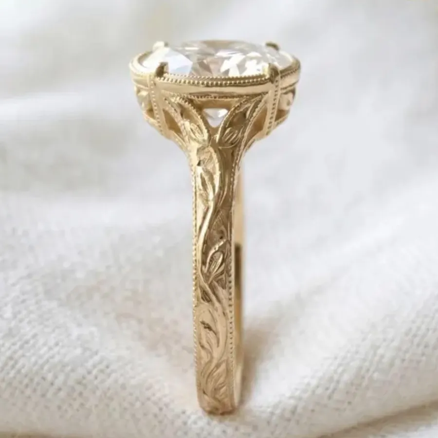 1.50 Ct Oval Cut Diamond Engagement Ring for Women 14K Yellow Gold Plated Milgrain Bezel Solitaire Art Deco Filigree Floral Leaf Wedding Ring 925 Sterling Silver Handmade Anniversary Ring