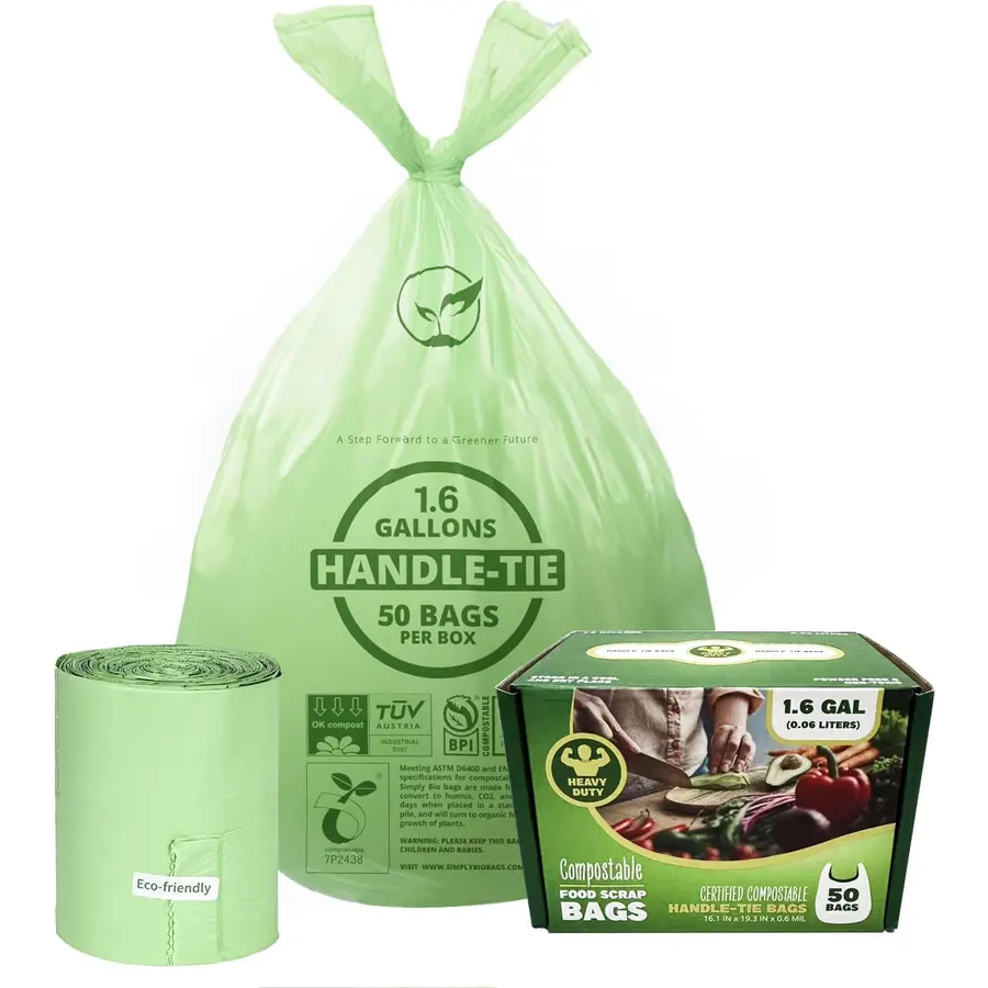 1.6 Gallon Compostable Trash Bags Drawstring, Heavy Duty Extra Thick 0.6 Mil, 6.06 Liter, 50 Bags, Small Kitchen Food Scrap Waste Bag, Unscented Pet Waste Bags, US BPI and OK Compost Home Certified