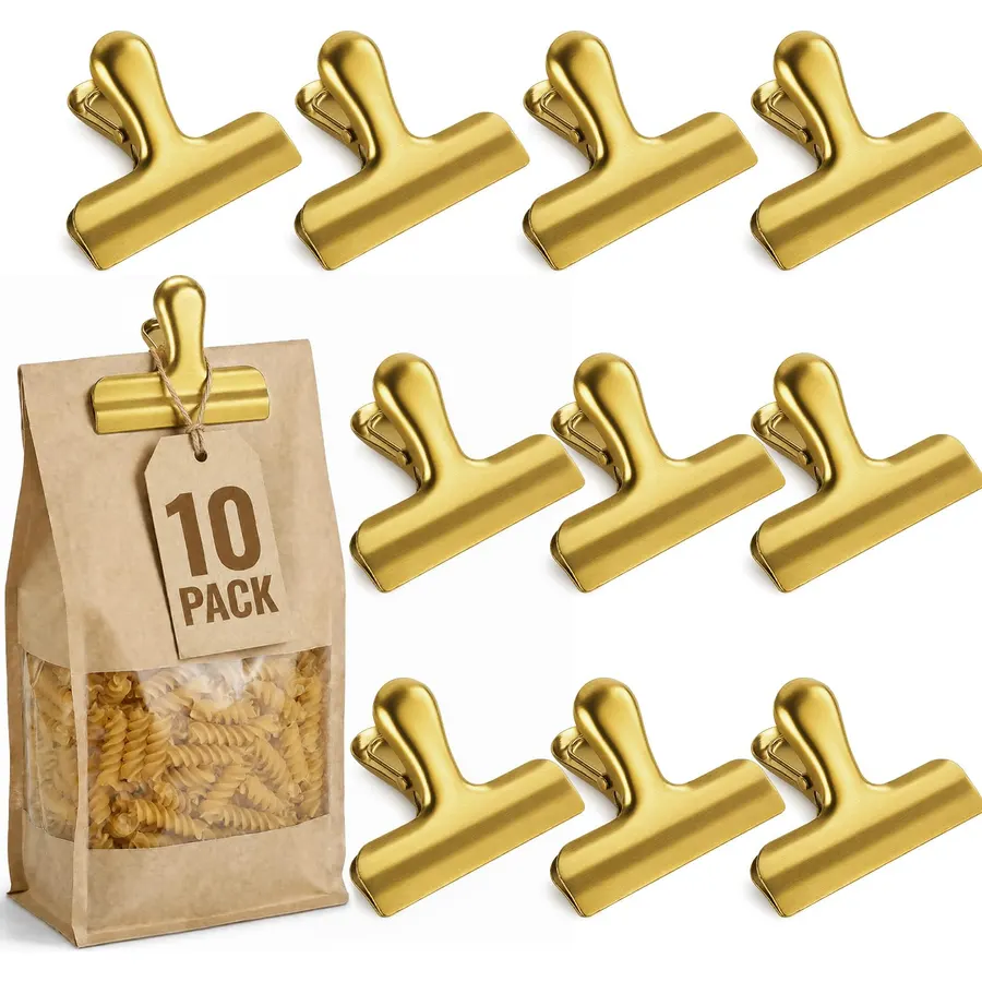 10 Pack Gold Metal Chip Clips, 3 Inch Stainless Steel Bag Clips for Food