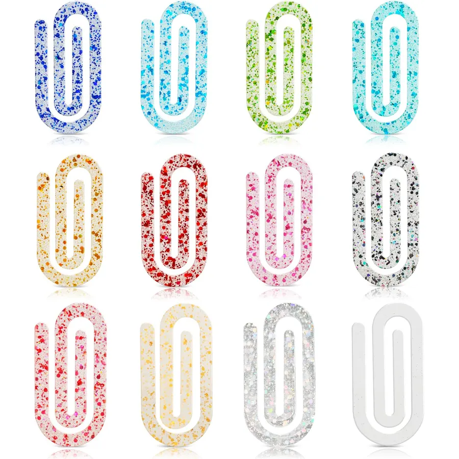 12Pcs 4x2 Jumbo Acrylic Paper Clips, Clear Sparkle, for Office & Classroom