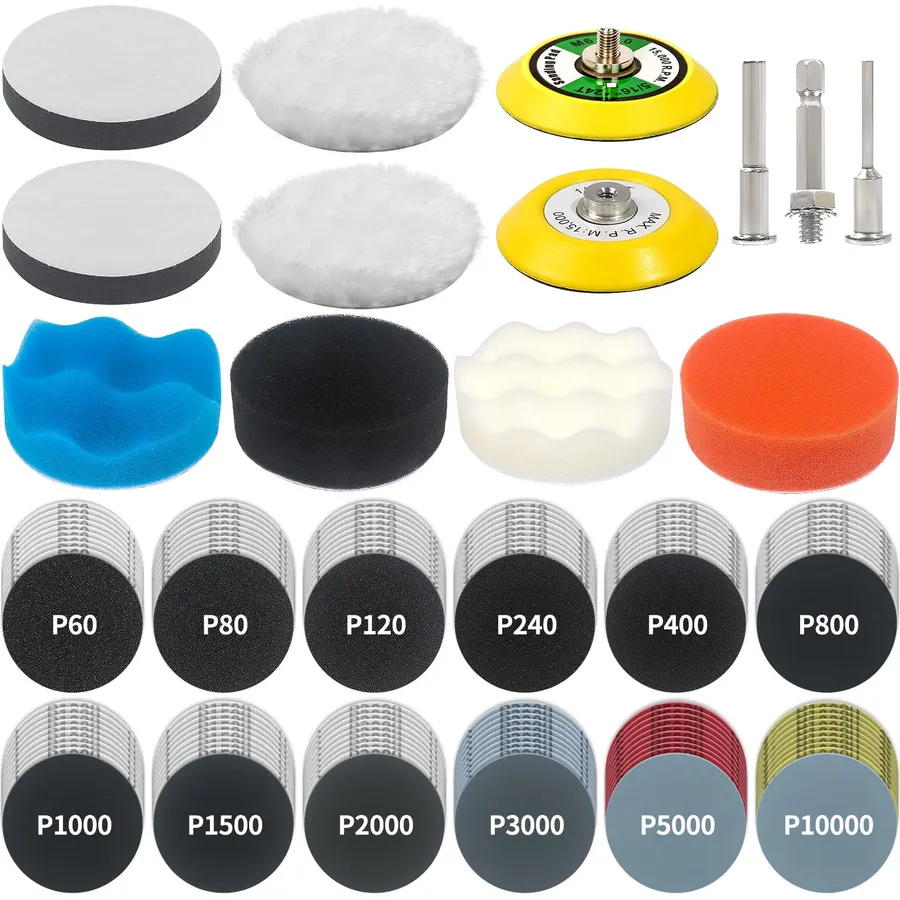 133 PCS Sanding Disc Drill Polishing Kit Sanding Attachment, 3 Inch Wet Dry Headlight Restoration Kit, Hook and Loop Sandpaper Buffing Pads with Rotary Tools for Car Wood Metal Glass Resin Epoxy
