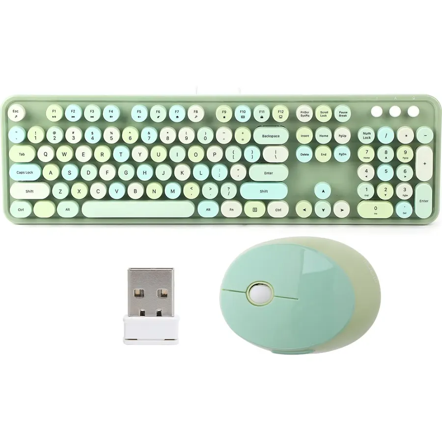 2.4Ghz Wireless 104 Key Keyboard and Mouse Set Desktop Cute Keyboard for Computer (Green Mixed Colors)