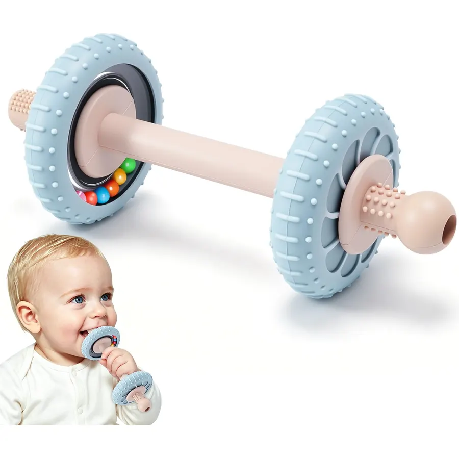 2-in-1 Baby Teether Rattle Toy for 3-12 Months, Silicone Teething Straw