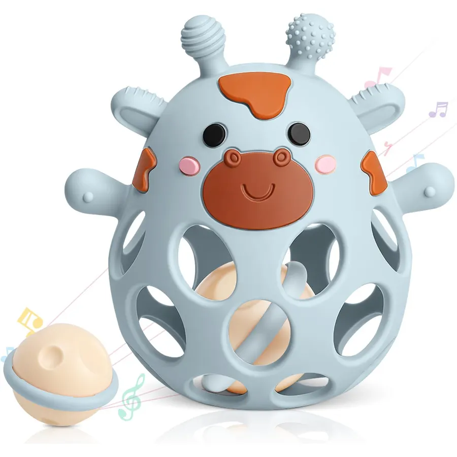 2-in-1 Baby Teething Rattle Toy, Silicone Teether for 3-6 6-12 Months