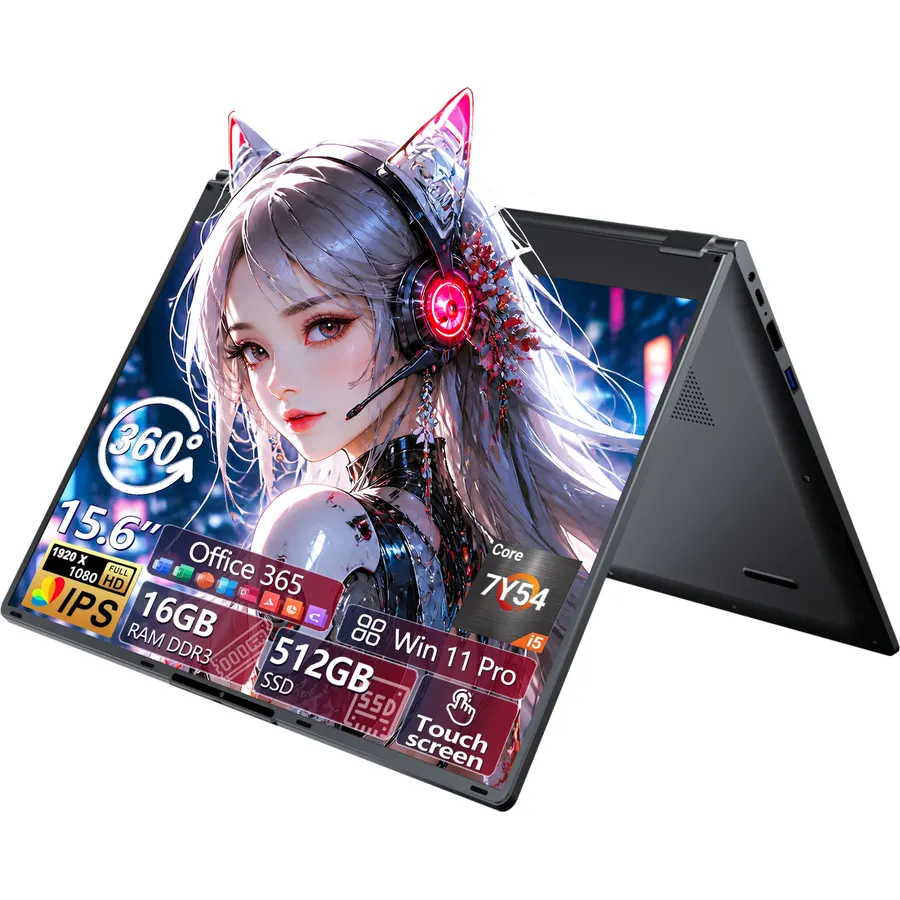 2-in-1 Laptop, 2026 15.6” Laptop Computer with Core i5-7Y54 Processor 16GB RAM 512GB SSD, 360°Rotation, 1920*1080, 2-in-1 Touchscreen Notebook, Backlit Keyboard Lap Top, Type-C, Office 365, Win 11 Pro