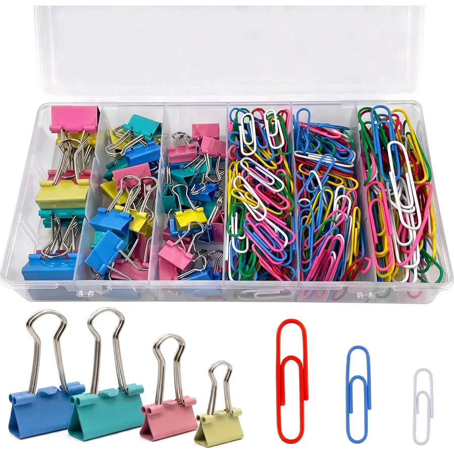350PCS Binder Clips and Paper Clips Set - Assorted Sizes Colorful Office Supplies Kit with Storage Box, Large Medium Small Clips for Desk Organization, School, Home，Multicolor