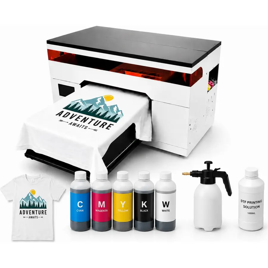 A3 DTG Printer with Dual XP600 Printheads, 1440 DPI Direct to Garment Printer for Cotton T-Shirts, Hoodies and Canvas Bags, White Ink Circulation, Height Adjustable Platform, Complete Starter Kit