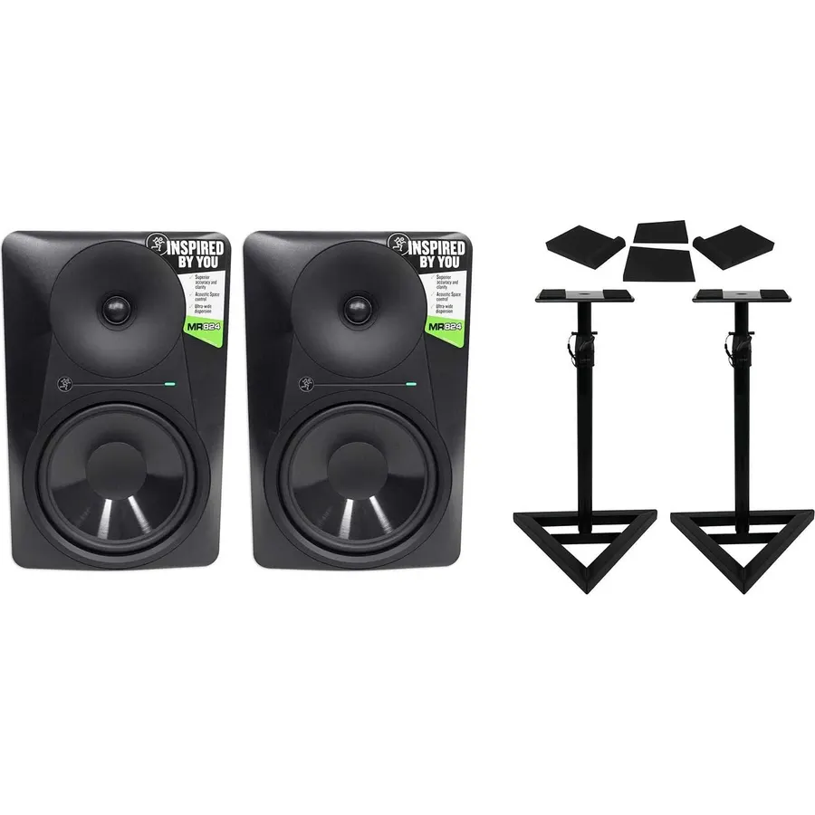 Audiosavings Bundle: (2) MR824 8 170W Powered Studio Monitors Bundle with (2) Rockville RVSM1 Adjustable Studio Monitor Stands + Rockville Foam Isolation Pads, 10.35" x 13", 3 Angles (6 Items)