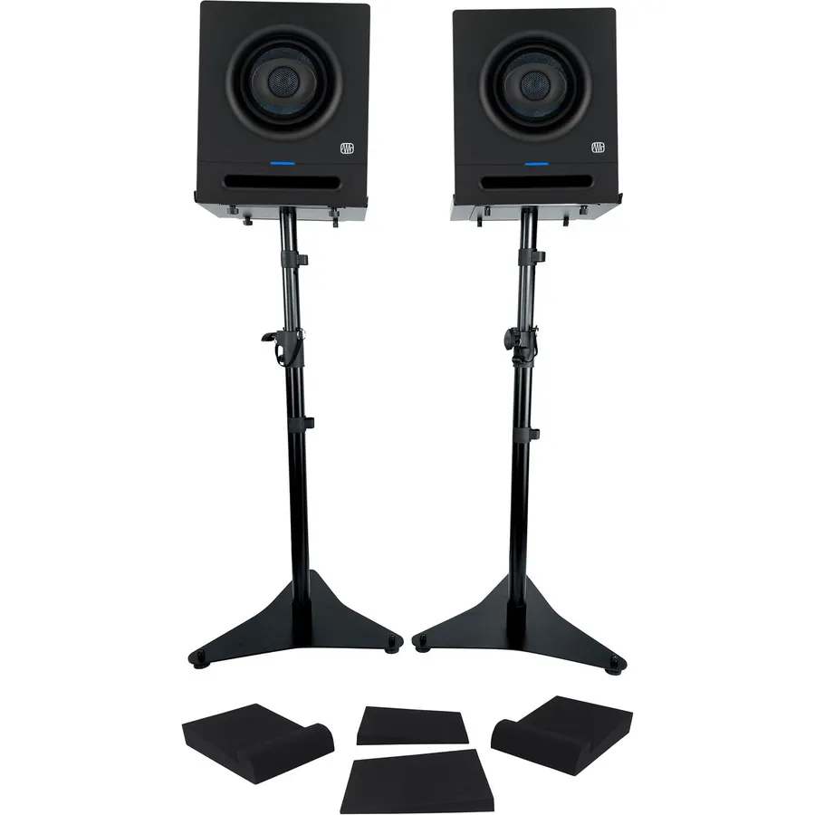 Audiosavings Bundle: (2) Presonus Eris Pro 4 Powered 4" Coaxial 2-Way Powered Studio Monitor Speaker Bundle With (1) Rockville RVSM5 Bookshelf Speaker Stands, (1) Pair Rockville RRS190S Isolation Pads