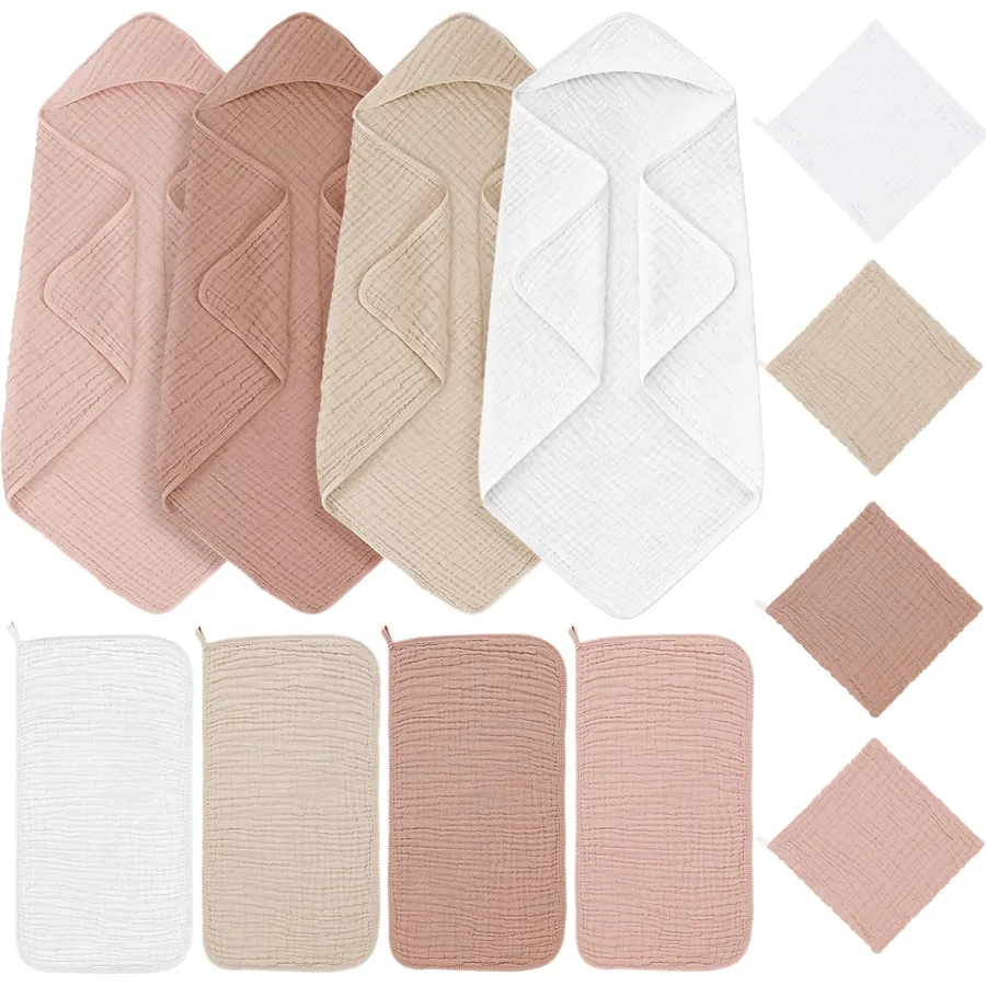 Breling 12 Pcs Muslin Hooded Baby Bath Towel Set, Light Pink Series