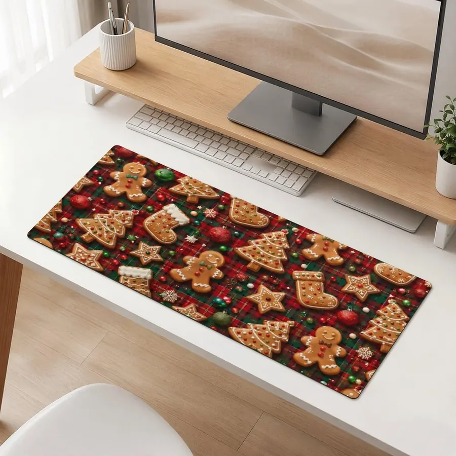 Christmas Gingerbread Cookie Mouse Pad Desk Mat, Rounded Corners, Fabric Surface, Rubber Base 31.5"x12"