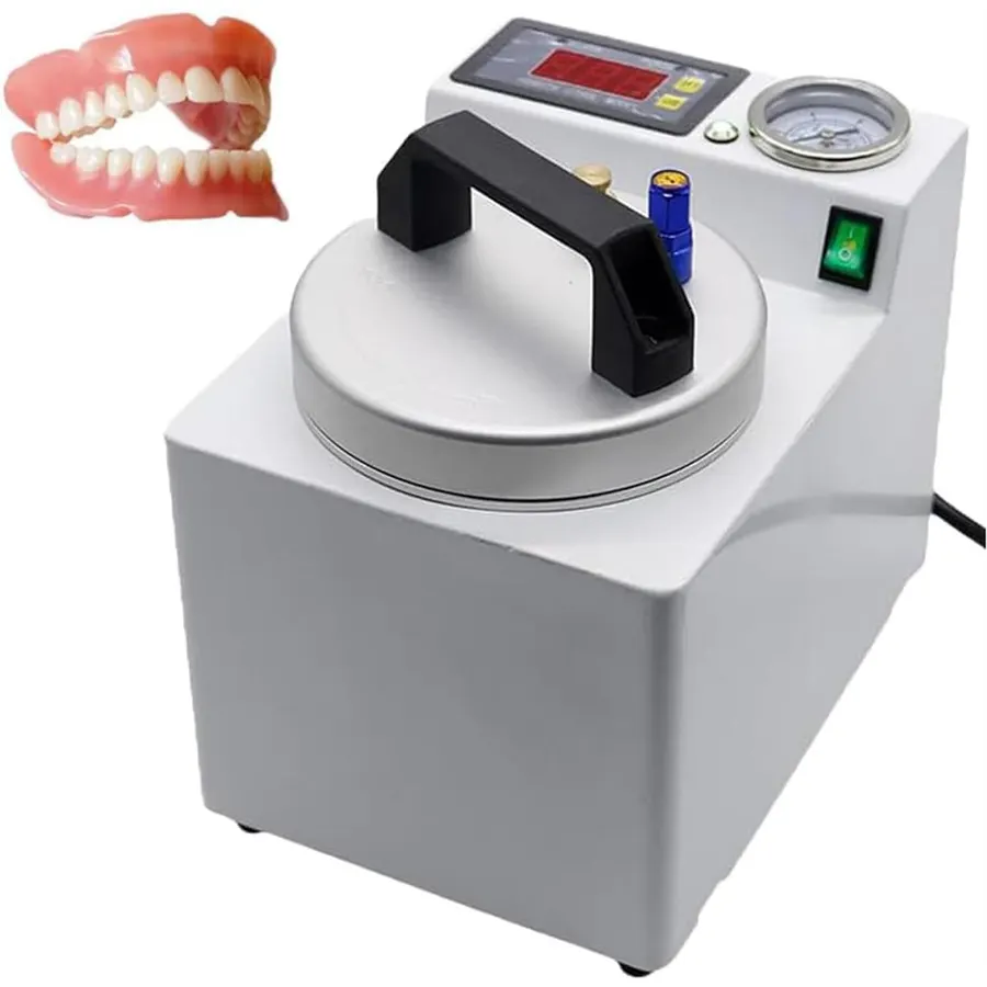 Denture Repair Machine, 65W Automatic Pressure Pot with Air Pump. Digital Display Controls Temp Up to 60°C & 4kg/cm². Compact 3.4kg Unit for Lab Use. Efficient Curing Tool for Crowns, Bridges, Bases.