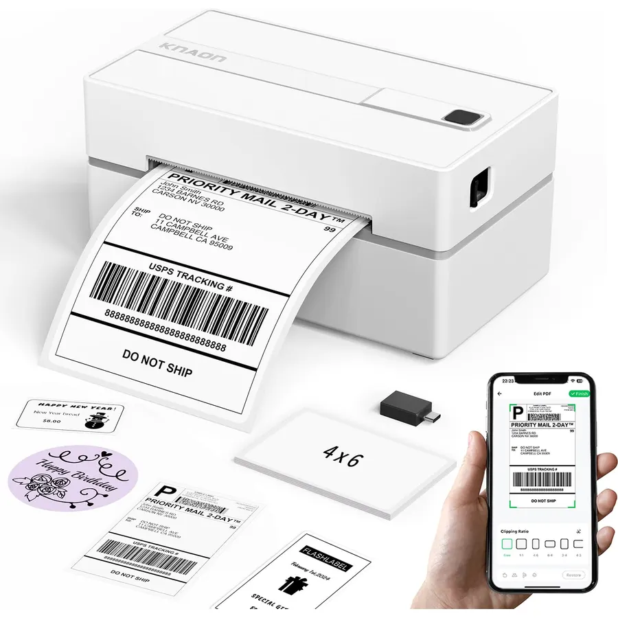 KNAON Bluetooth Thermal Shipping Label Printer, 4x6 Portable Thermal Address Label Printer for Small Business, Compatible with iPhone,Android,Windows,Mac–Works with Etsy Shopify USPS&More, White