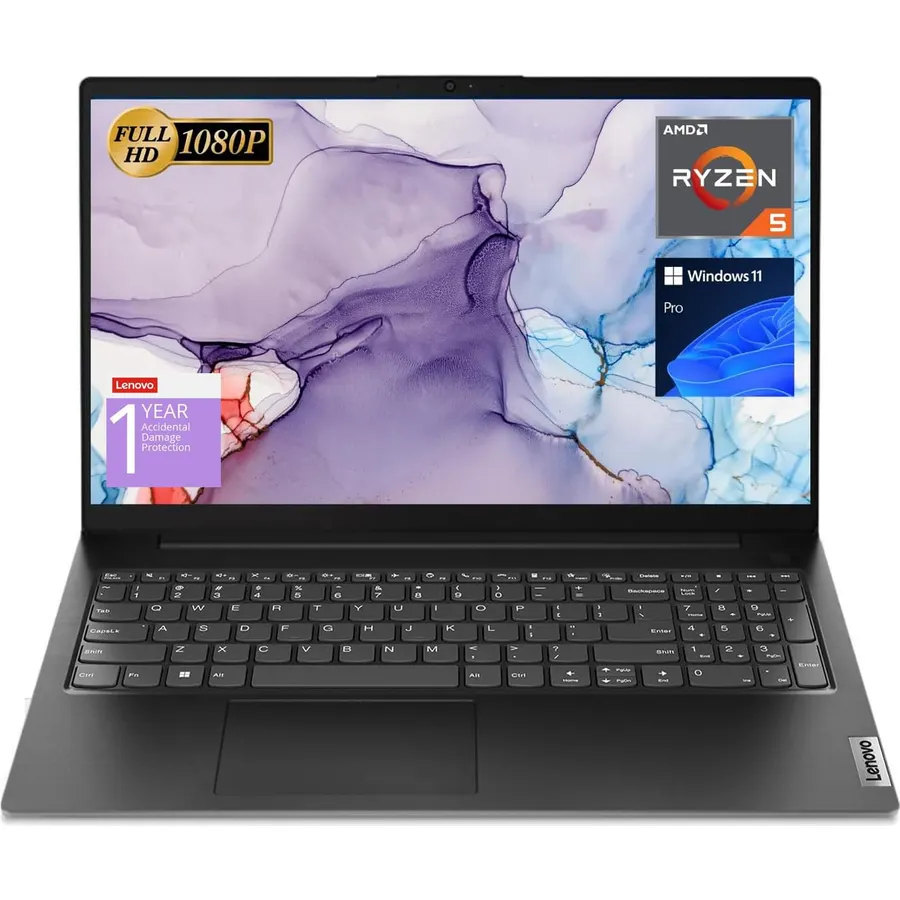 Lenovo V15 Laptop, 15.6 FHD Display, AMD Ryzen 5 5500U Hexa-core Processor, 16GB RAM, 512GB SSD, HDMI, RJ45, Numeric Keypad, Wi-Fi, Windows 11 Pro, Black