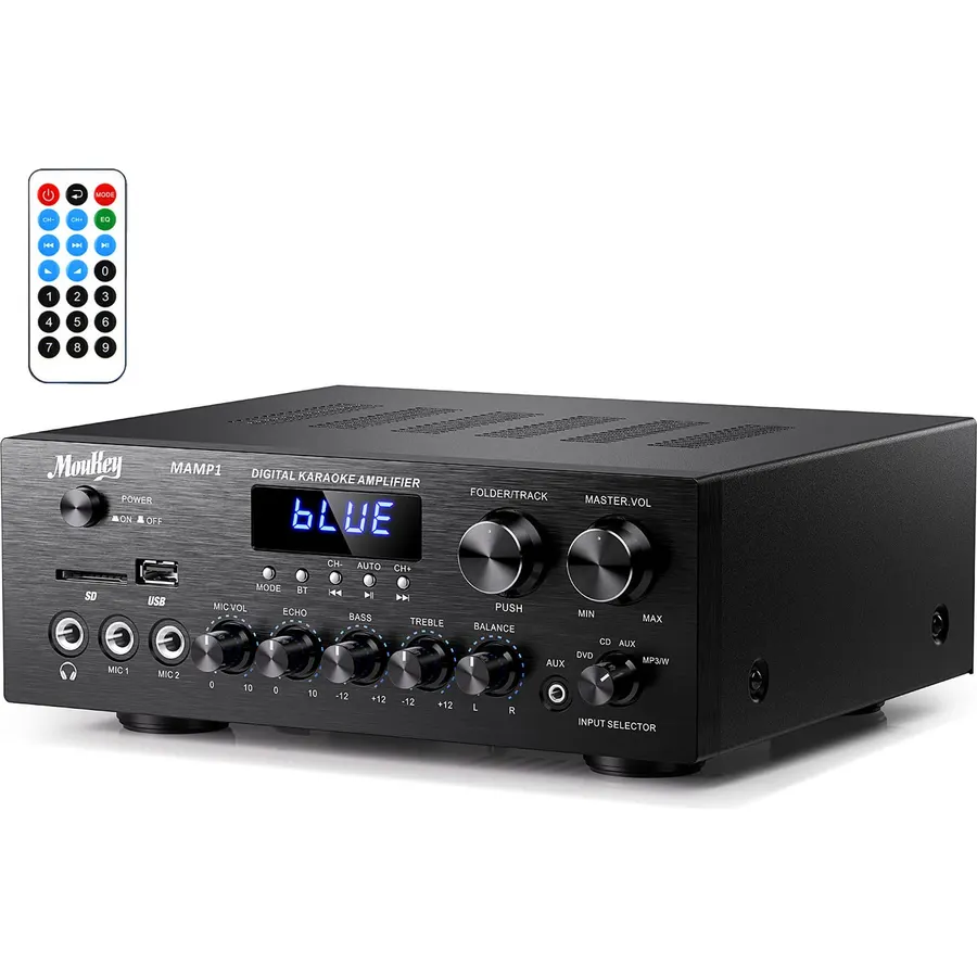 Moukey Stereo Receivers with Bluetooth 5.0, 2.0 Channel Power Audio Amplifier Stereo System w/USB, SD, AUX, RCA, MIC in w/Echo, LED for Karaoke, Home Theater Speakers, 400W Peak, 25W x 2 RMS- MAMP1