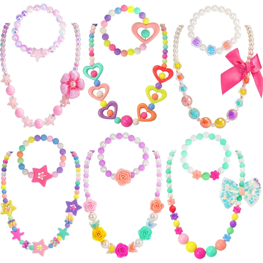 PinkSheep Kids Classic Jewelry, 6 Sets of Beaded Necklaces and Bracelets for Girls, Favors Bags for Girls Jewelry (Classic)