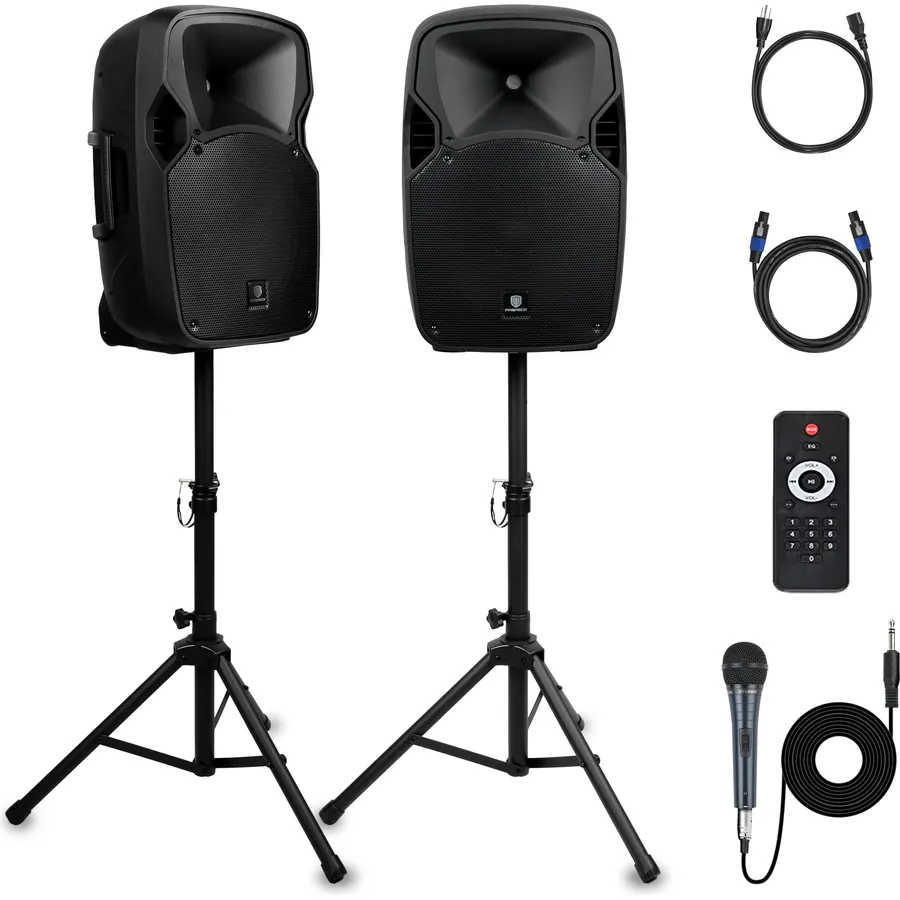 PRORECK Party 12 12-Inch 1800W 2-Way Powered PA Speaker System Combo Set with Bluetooth/USB Drive/SD Card/FM/Remote Control/Speaker Stands for Indoor, Outdoor DJ Parties, Personal Gatherings, Karaoke