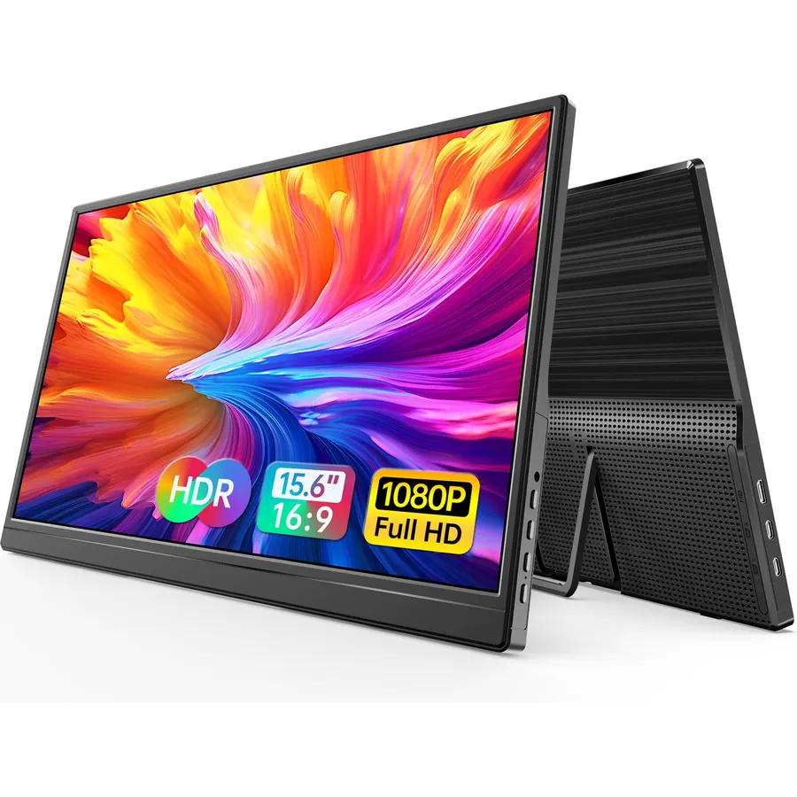 WGK 15.6 inch Portable Monitor 1080P FHD Travel Display HDMI/USB-C Compatible with Laptops, Desktops, Phones, PS, Mac, Xbox, Switch, and Other Gaming Devices Includes Stand and Speakers VESA