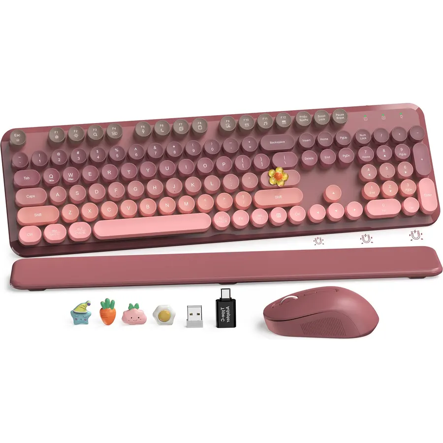 Wireless Keyboard and Mouse Combo, Magnetic Wrist Rest, Dusty Rose Ombre